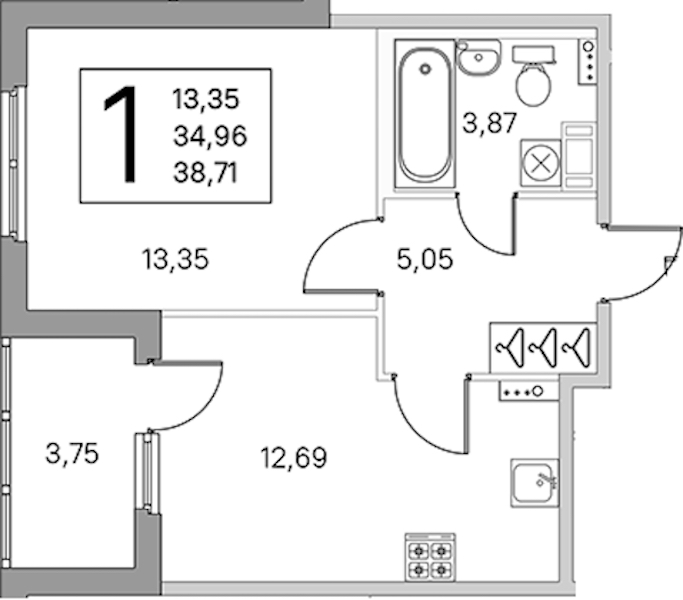 1-комнатная квартира 36.84 м², 2/4 эт., ЖК «Любоград в Стрельне»